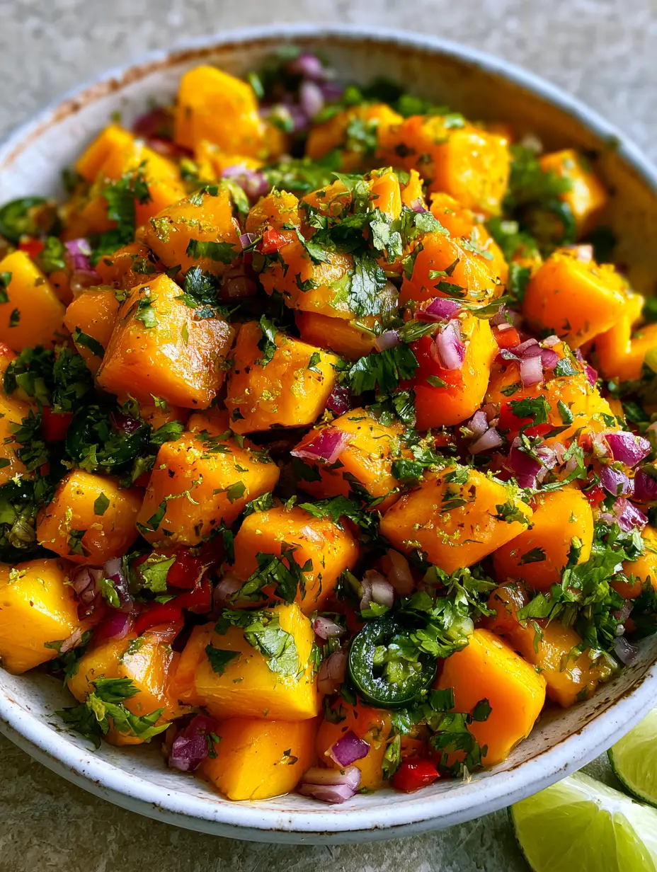 Mango Salsa Recipe: The Ultimate Fresh and Vibrant Tropical Delight 3 Overhead shot of a white bowl overflowing with bright orange mango, purple onion, and green cilantro. (Mango Salsa Recipe)