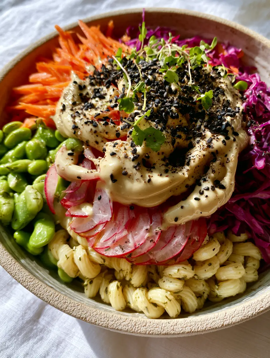 Macro shot of chilled rotini pasta salad with translucent radishes and purple cabbage. (Vegan summer recipes)