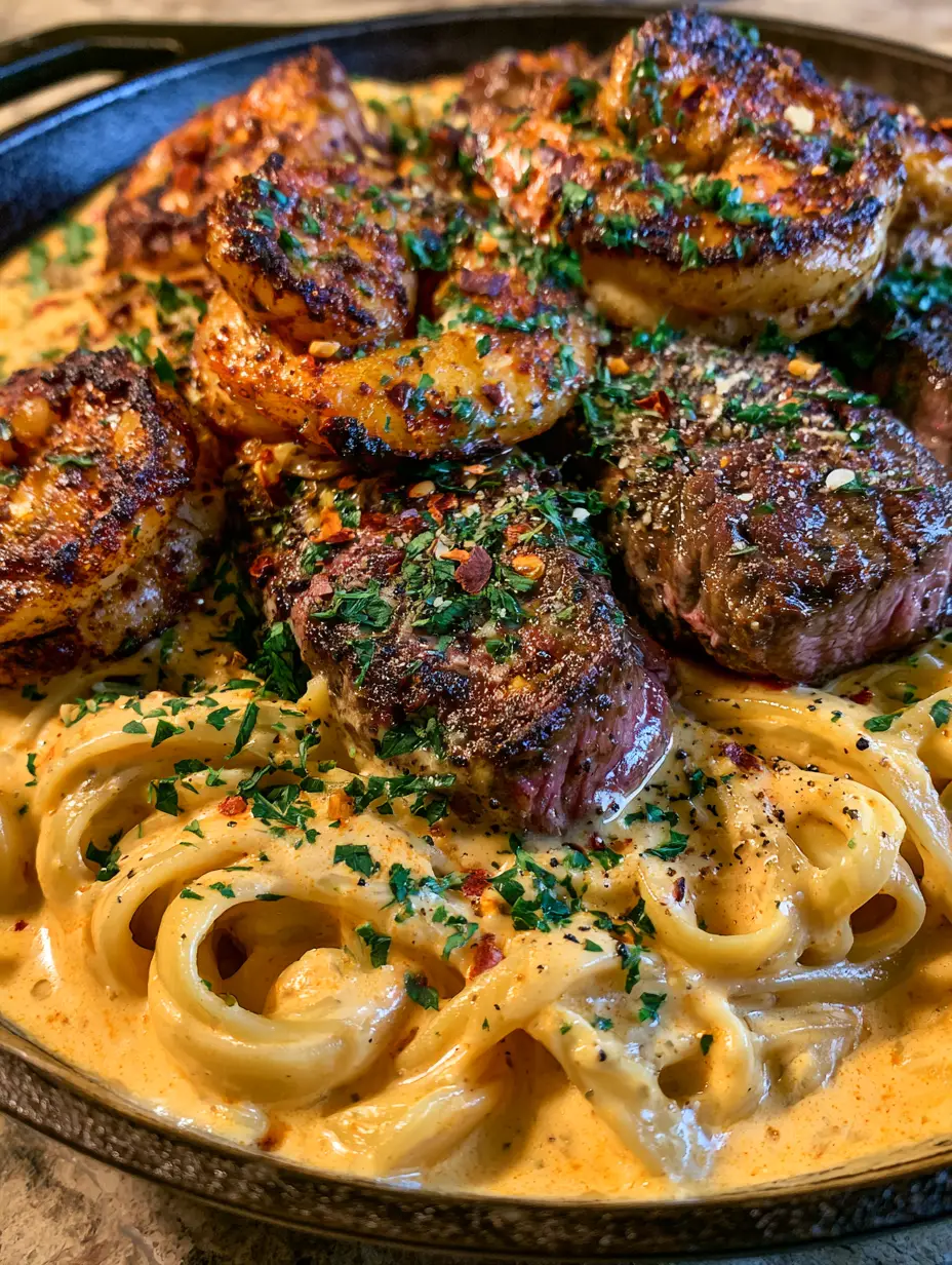 Cajun Shrimp and Steak Alfredo Pasta: The Ultimate Surf and Turf Comfort Food 3 Macro photo of glossy fettuccine noodles in a pale orange Cajun cream sauce with blackened shrimp and seared steak medallions.