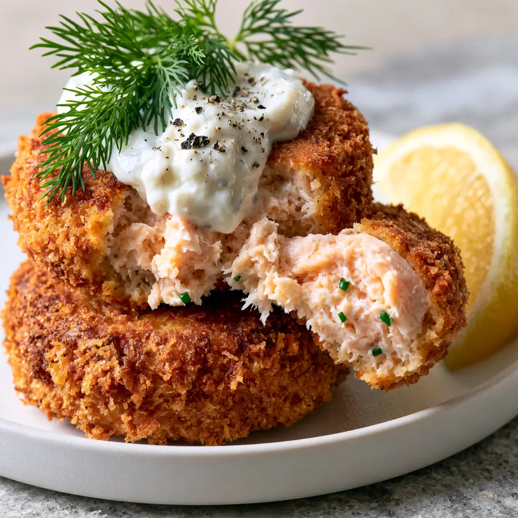 Salmon Croquettes with a Golden Panko Crust and Creamy Tartar Sauce 1 A broken open salmon croquette revealing a moist, steaming pale pink interior with green chives.