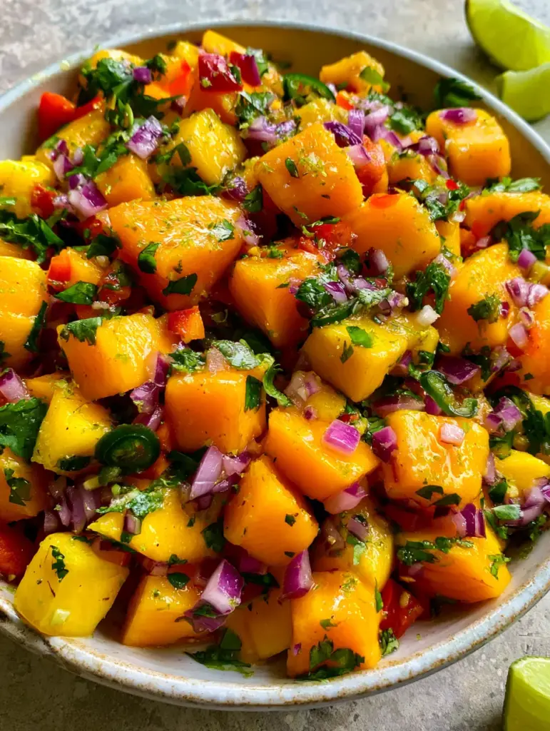 Mango Salsa Recipe: The Ultimate Fresh and Vibrant Tropical Delight 1 A close-up of the wet, crisp texture of a Mango Salsa Recipe with ruby red bell peppers.