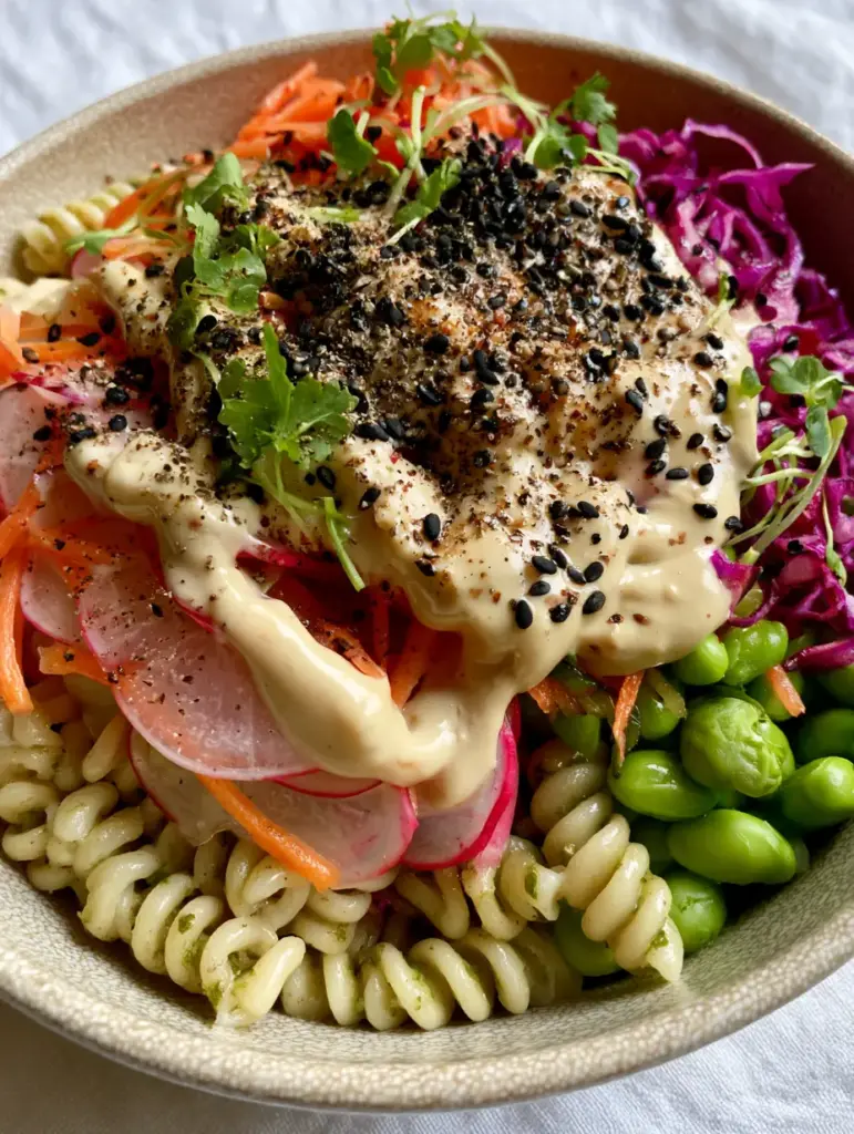 Close up of creamy lemon-tahini dressing drizzled over vibrant julienned carrots and edamame.