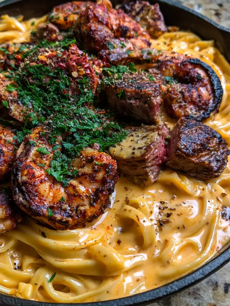 Cajun Shrimp and Steak Alfredo Pasta: The Ultimate Surf and Turf Comfort Food 1 Close-up of seared medium-rare steak medallions and charred jumbo shrimp over Cajun Alfredo pasta.