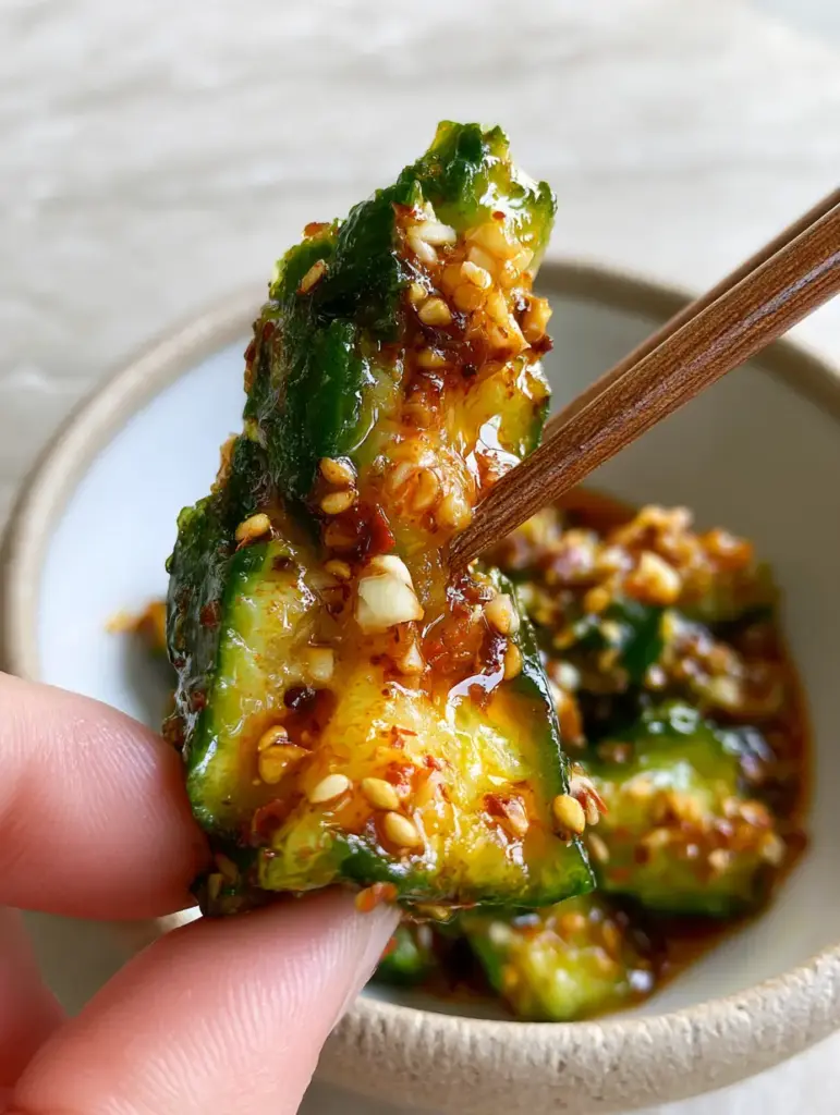 Spicy Cucumber Salad with Smashed Garlic and Glistening Chili Oil 2 Extreme close-up of chopsticks lifting a jagged piece of spicy cucumber salad coated in red chili oil and sesame seeds.