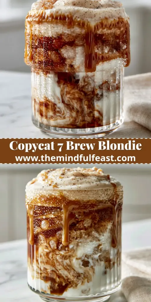 7 Brew Drink: The Ultimate Aesthetic Iced Caramel Breve Recipe 4 A premium 7 Brew drink with dark espresso swirls, glossy caramel drizzle, and glistening pebble ice in a ribbed glass tumbler.
