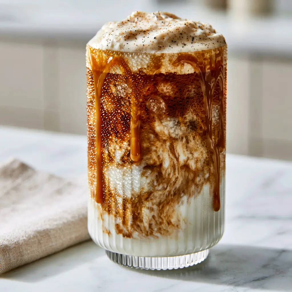 7 Brew Drink: The Ultimate Aesthetic Iced Caramel Breve Recipe 2 Modern ribbed glass filled with a marbled 7 Brew drink showing caramel patterns and condensation droplets.
