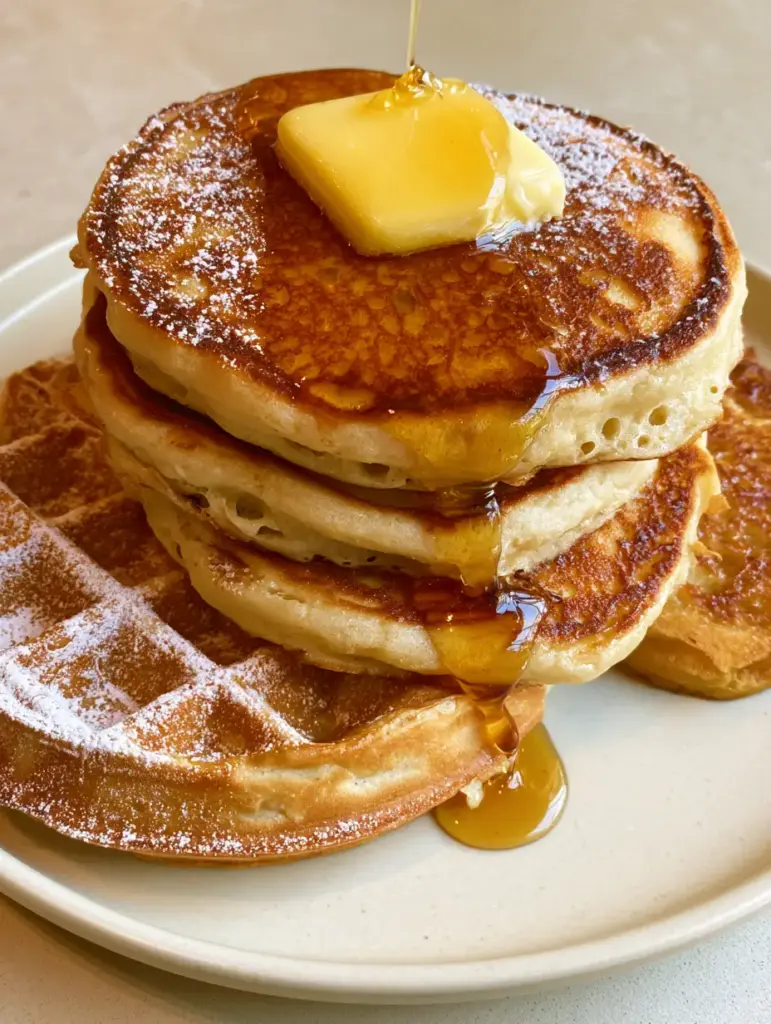 Pancake and Waffle Wall Art: The Ultimate Thick Buttermilk Breakfast Masterpiece 1 Viscous amber maple syrup cascading over a stack of pancakes and a toasted Belgian waffle with powdered sugar.