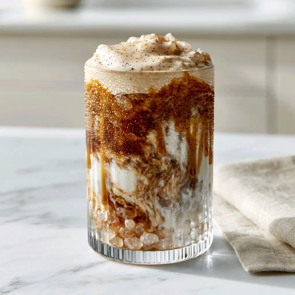 7 Brew Drink: The Ultimate Aesthetic Iced Caramel Breve Recipe 1 Close up of vanilla bean cold foam with tiny specks on top of a 7 Brew drink with pebble ice.
