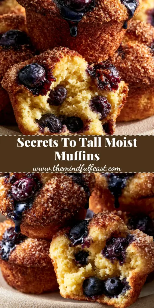 A stack of bakery-style blueberry muffins with golden-brown sugar-crusted domes on a matte beige plate. (muffins recipe)