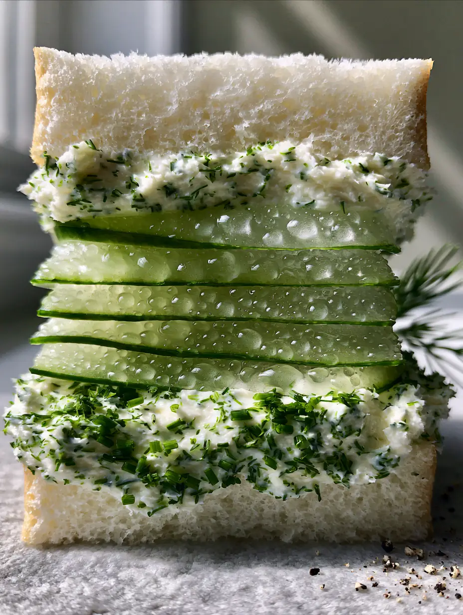 Extreme macro cross-section of a cucumber sandwich showing five translucent layers and herbed cream cheese. (cucumber sandwiches recipe)
