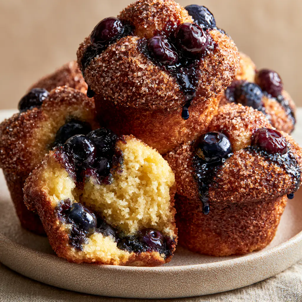 A split blueberry muffin showing a steaming, ultra-moist yellow crumb packed with whole blueberries.