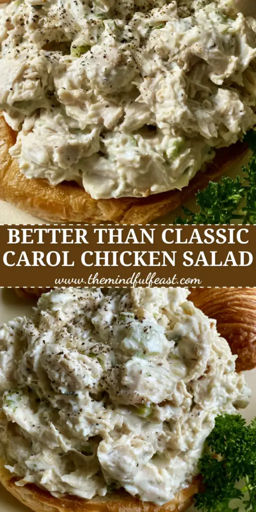 A close-up shot of a classic carol chicken salad sandwich on a buttery toasted croissant, garnished with a sprig of curly parsley on a rustic cream plate.