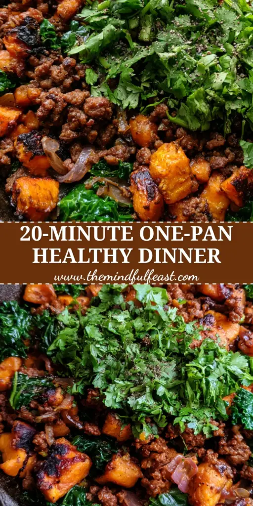 Ground Beef Sweet Potato Bowl with Wilted Kale and Caramelized Onions 3 A rustic black cast iron skillet filled with a ground beef sweet potato bowl, featuring charred potato cubes and wilted kale.