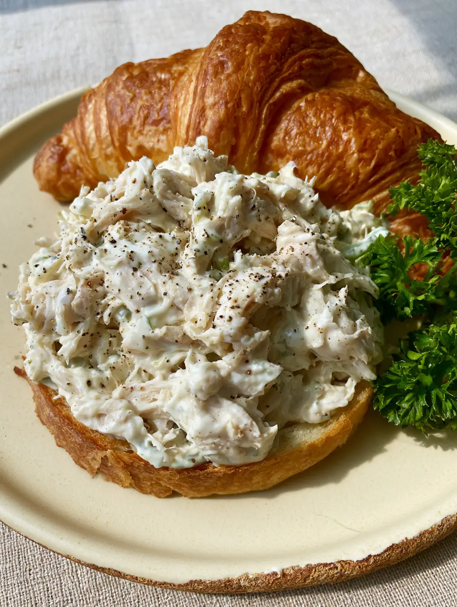 Macro top-down view of ultra-creamy finely shredded white meat classic carol chicken salad with black pepper specks.