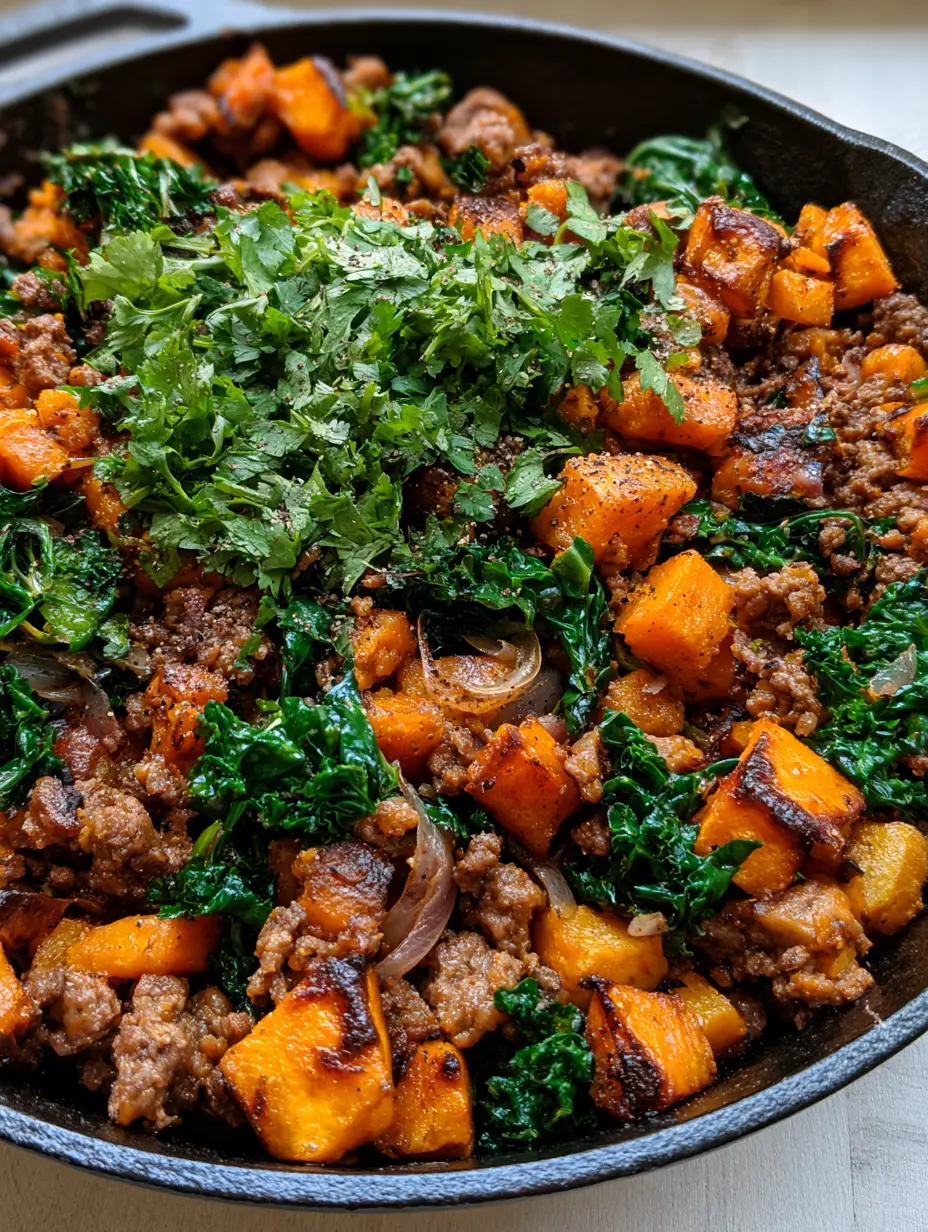 Ground Beef Sweet Potato Bowl with Wilted Kale and Caramelized Onions 4 Overhead macro shot of seared ground beef and caramelized sweet potato cubes in a skillet. (ground beef sweet potato bowl)