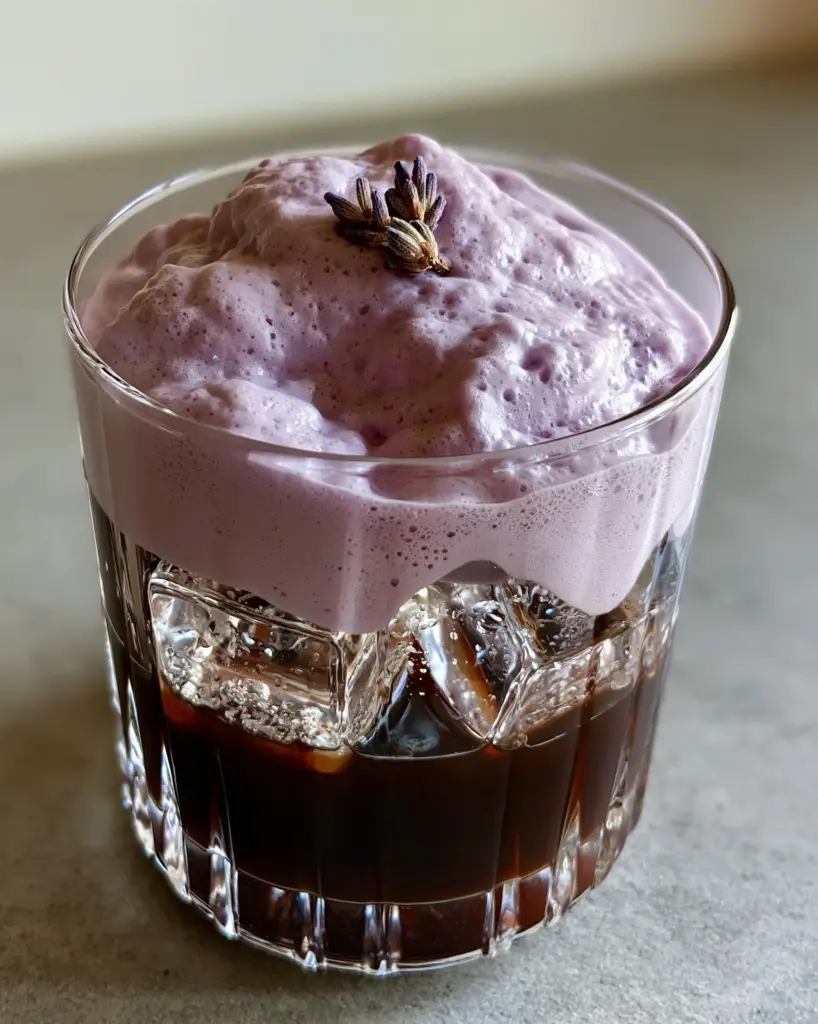 Lavender Cold Foam Iced Espresso: A Barista-Style Morning Ritual 1 Detailed view of the cascading Lavender Cold Foam and clear square ice cubes with condensation beads.