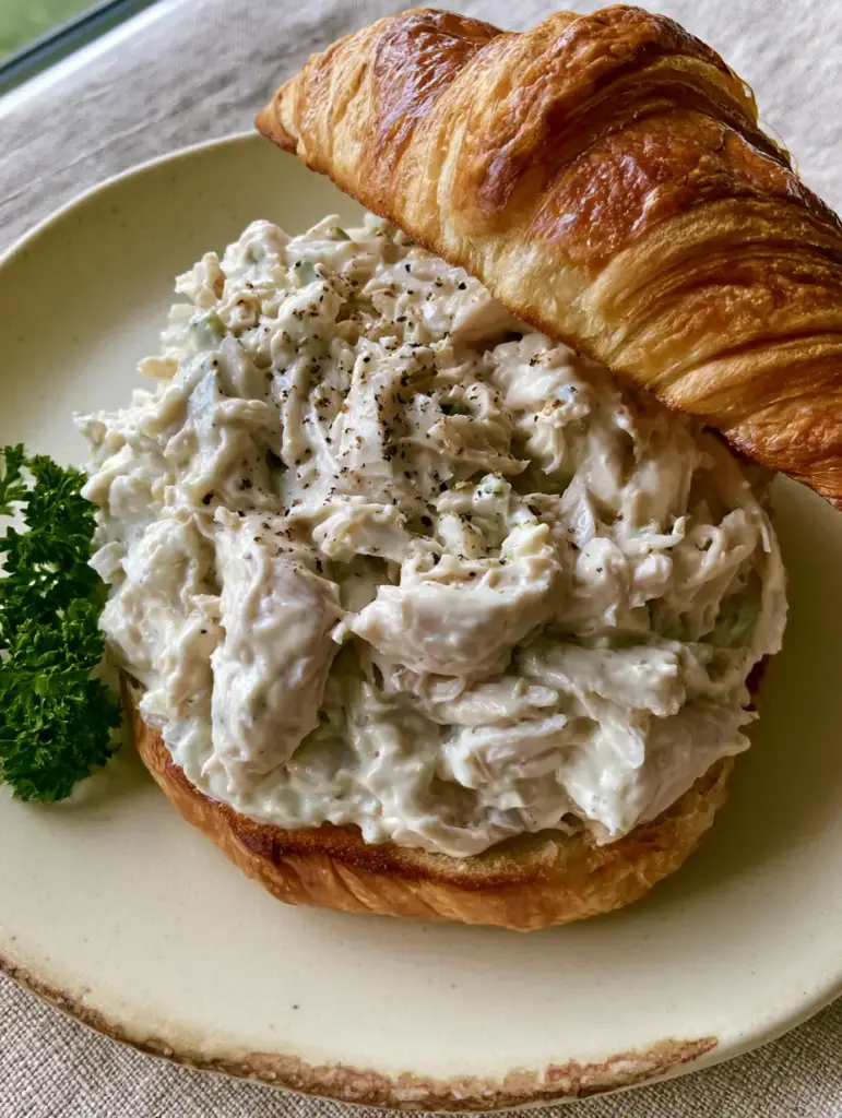 Detailed shot of a classic carol chicken salad mound on a golden-brown croissant showing flaky layers.