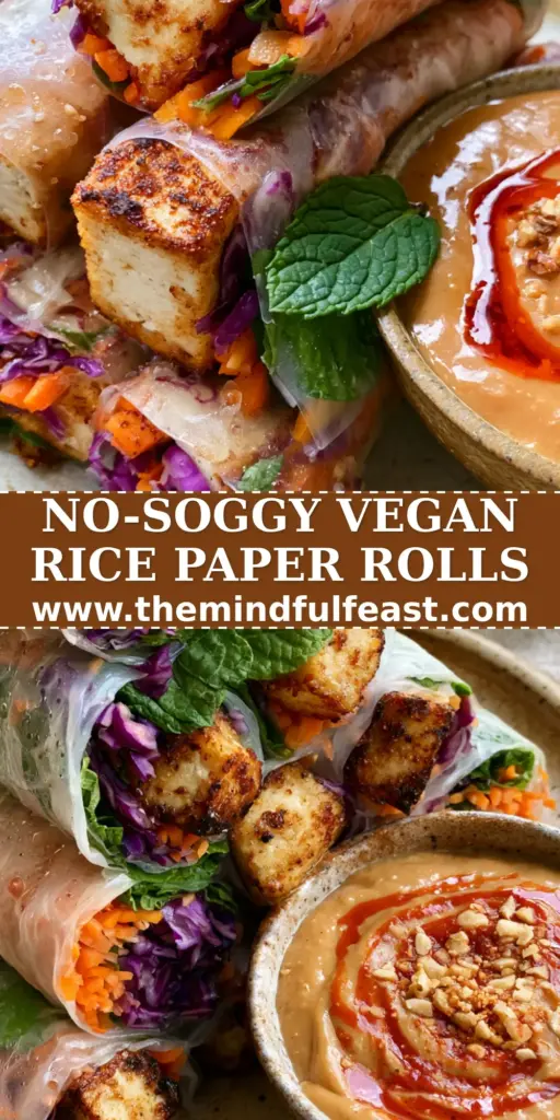 Vegan Rice Paper Rolls with Crispy Golden Tofu and Creamy Peanut Sauce 4 A handheld smartphone photo of translucent Vegan Rice Paper Rolls stacked neatly on a rustic plate, revealing purple cabbage, orange carrots, and seared golden tofu.