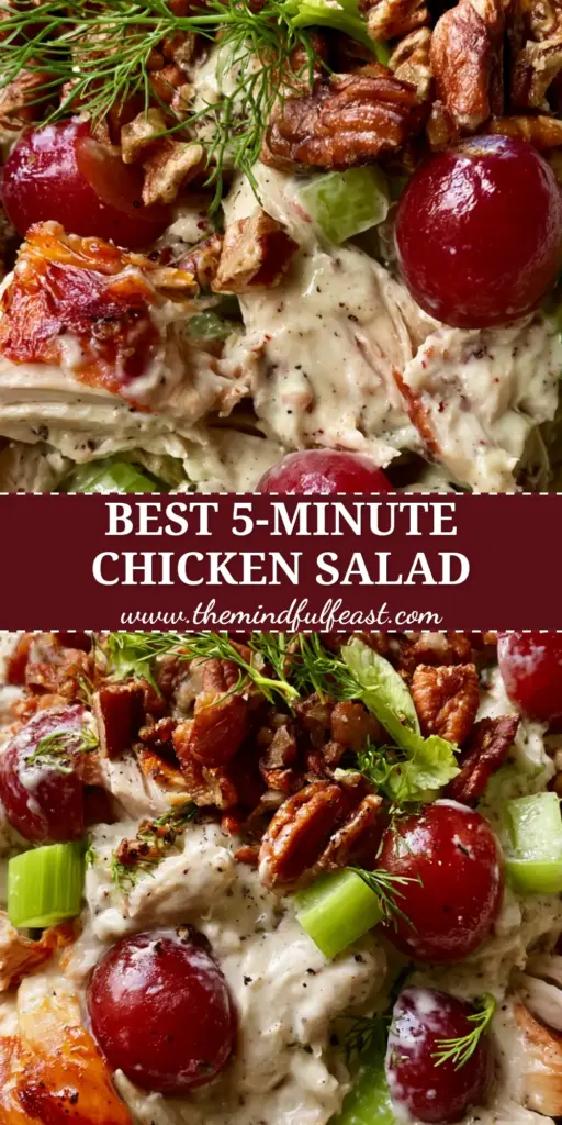 Cold Chicken Salad with Roasted Rotisserie Chicken and Grapes 4 Top-down view of gourmet cold chicken salad in a white bowl with red grapes and fresh dill. (cold chicken salad)