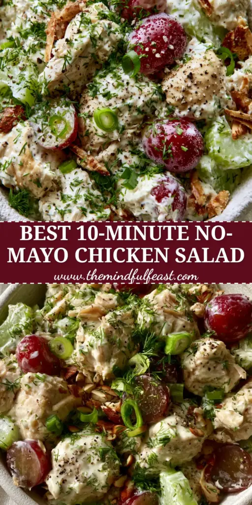 Healthy Chicken Salad Recipes with Creamy Greek Yogurt Dressing 4 A tall Pinterest graphic showing a macro top-down view of healthy chicken salad with grapes, dill, and toasted almonds in a white bowl. (Healthy Chicken Salad Recipes)