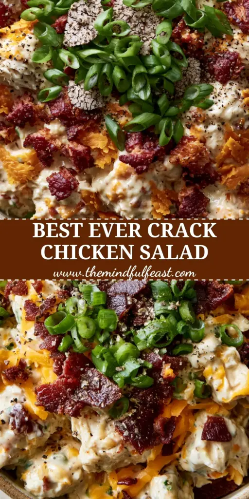 Chicken Salad with Bacon & Cheddar: The Ultimate Creamy Deli-Style Recipe 4 An extreme overhead shot of Chicken Salad with Bacon & Cheddar in a rustic ceramic bowl, featuring pulled chicken, deep-red bacon, and orange cheddar shards.