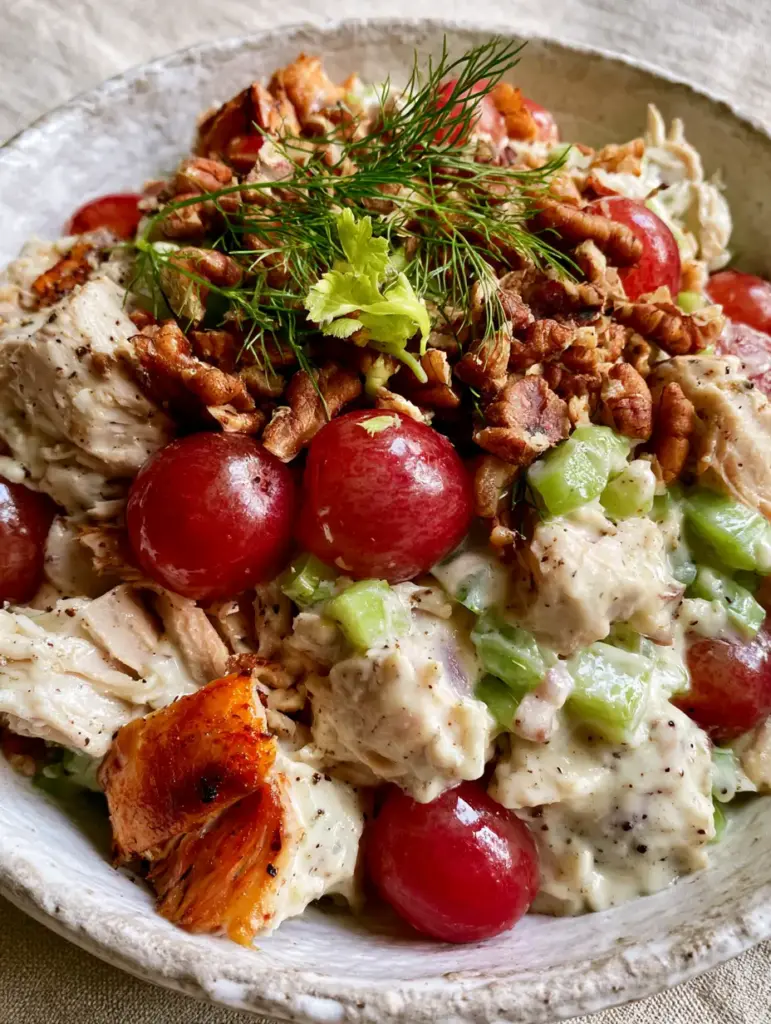 Cold Chicken Salad with Roasted Rotisserie Chicken and Grapes 2 Close-up macro shot of shredded rotisserie chicken salad with golden skin and crimson grapes. (cold chicken salad)