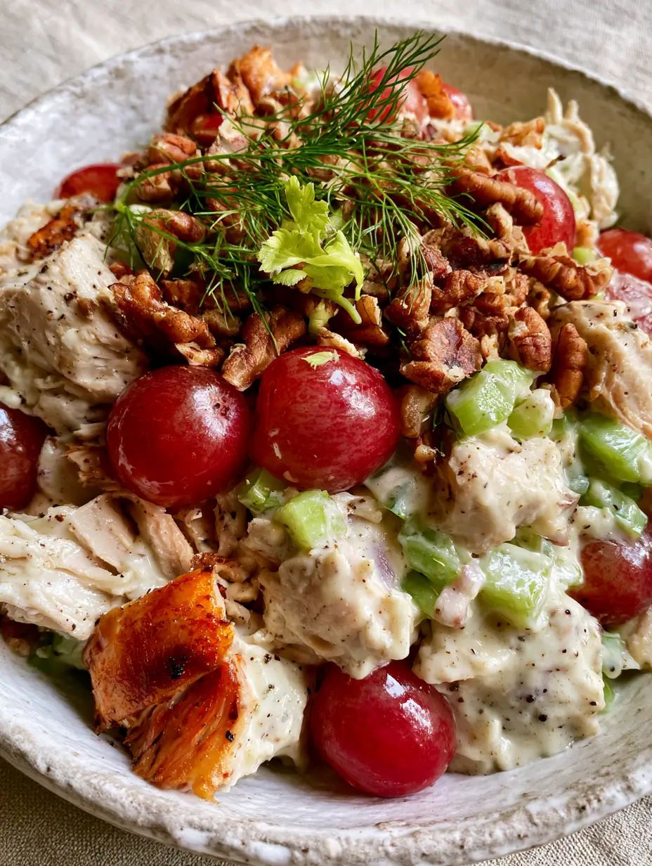 Cold Chicken Salad with Roasted Rotisserie Chicken and Grapes 3 Close-up macro shot of shredded rotisserie chicken salad with golden skin and crimson grapes. (cold chicken salad)