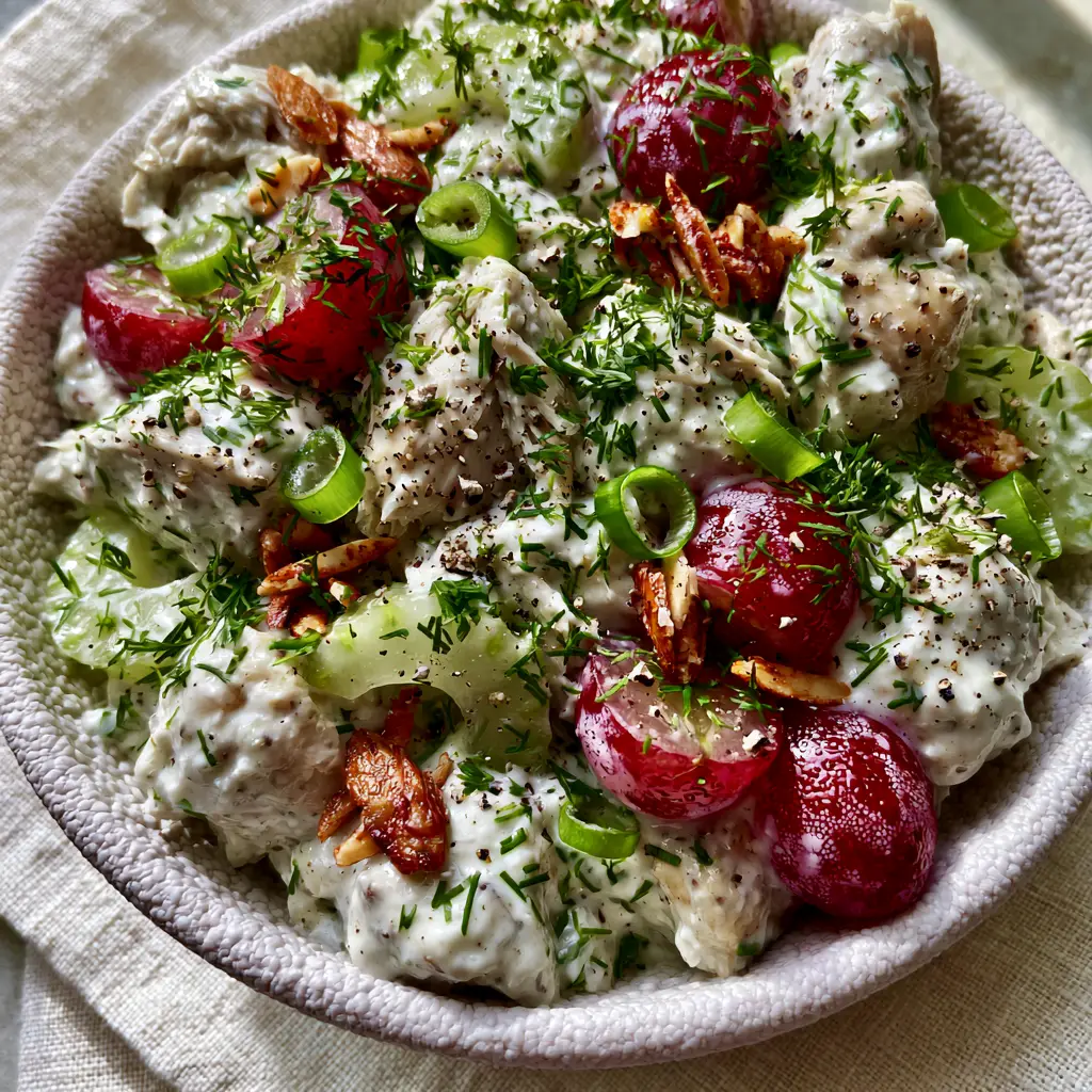 Healthy Chicken Salad Recipes with Creamy Greek Yogurt Dressing 2 Macro top-down photograph of healthy chicken salad in a textured white ceramic bowl featuring thick Greek yogurt dressing and fresh dill. (Healthy Chicken Salad Recipes)
