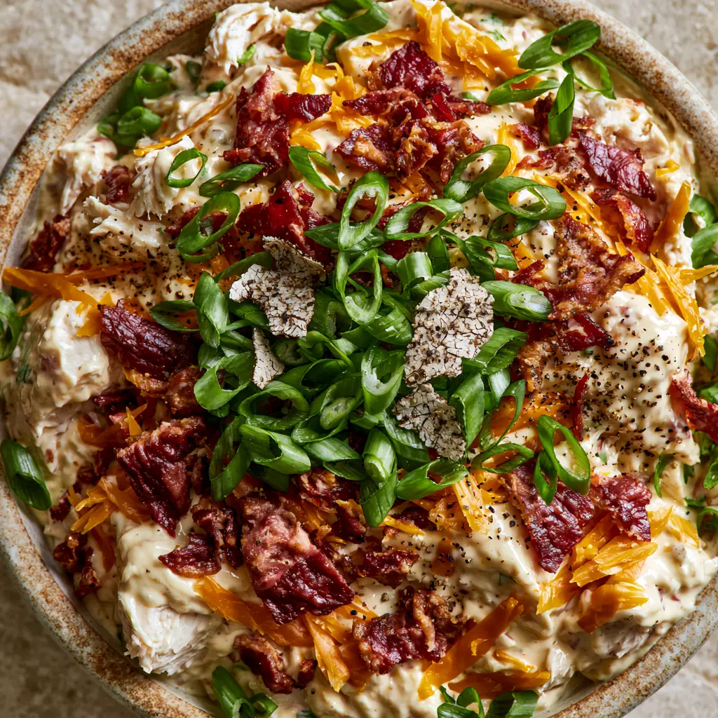 Chicken Salad with Bacon & Cheddar: The Ultimate Creamy Deli-Style Recipe 2 Close-up of hand-pulled chicken breast and craggy deep-red bacon in a Chicken Salad with Bacon & Cheddar.