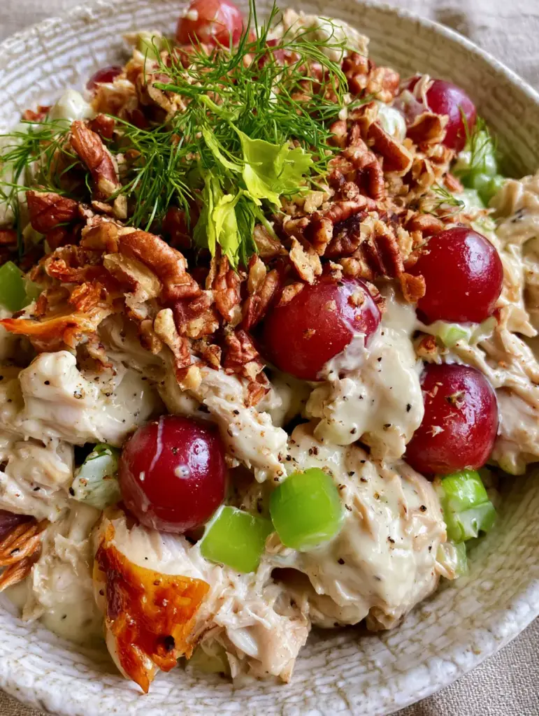 Cold Chicken Salad with Roasted Rotisserie Chicken and Grapes 1 Top-down angled shot of chicken salad with feathery dill and celery leaf garnish.