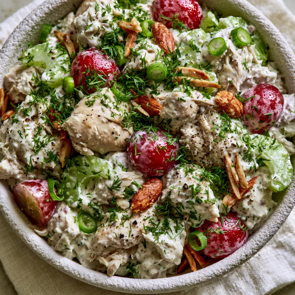 Healthy Chicken Salad Recipes with Creamy Greek Yogurt Dressing 1 Close-up of crimson grapes, green celery crescents, and golden-brown almonds in a healthy chicken salad. (Healthy Chicken Salad Recipes)