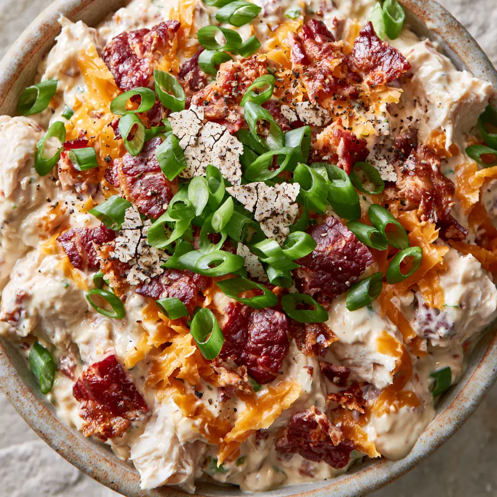 Chicken Salad with Bacon & Cheddar: The Ultimate Creamy Deli-Style Recipe 1 A rustic bowl of Chicken Salad with Bacon & Cheddar topped with green scallions and black pepper flakes.