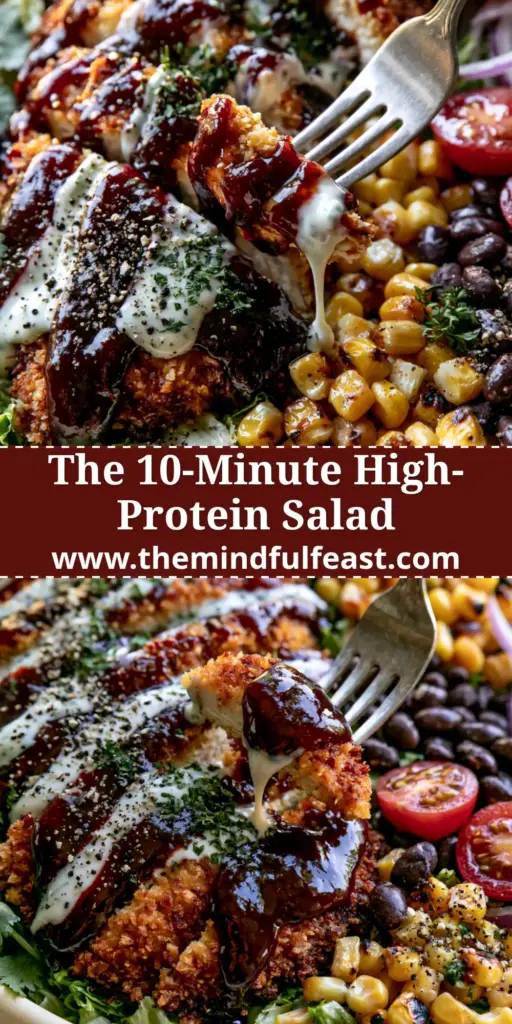 BBQ Ranch Chicken Salad with Crispy Panko Chicken and Charred Corn 4 A massive BBQ ranch chicken salad with sliced crispy panko chicken, charred corn, and black beans in a cream bowl.