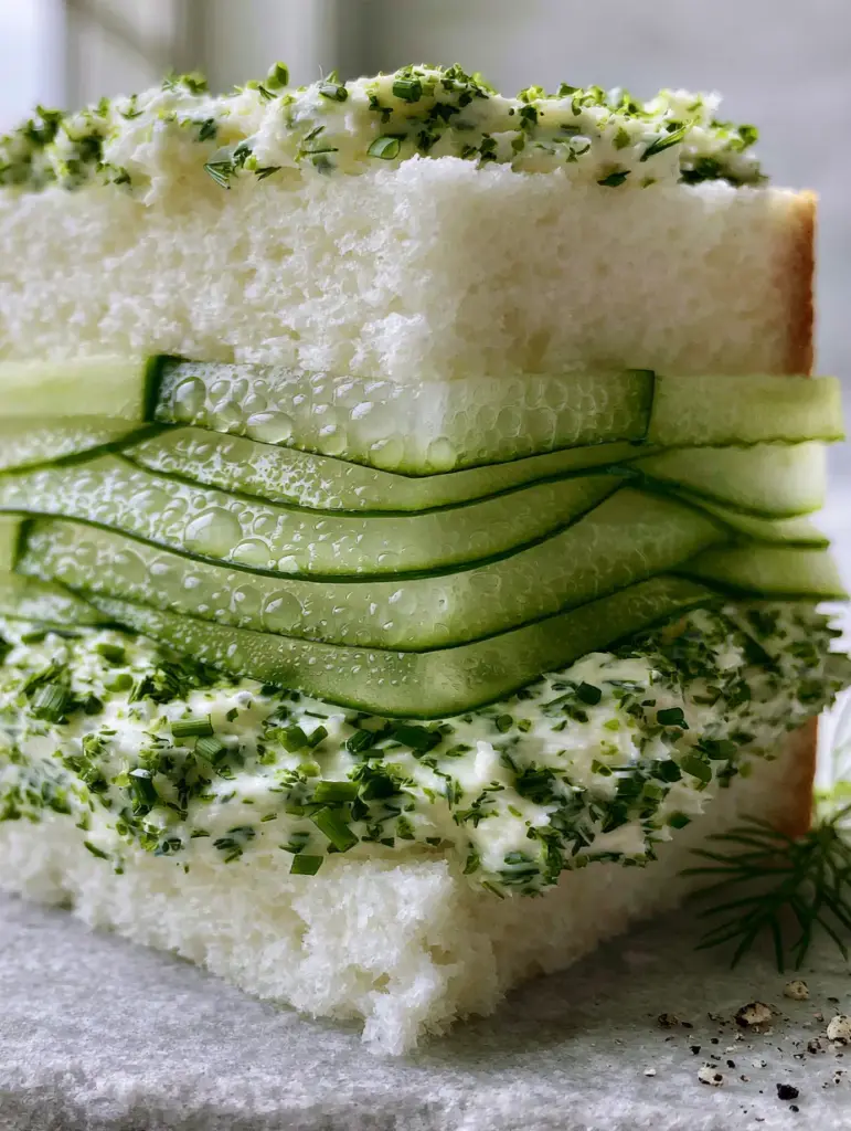 Eye-level view of a crustless cucumber sandwich on a grey stone background with cracked black pepper. (cucumber sandwiches recipe)