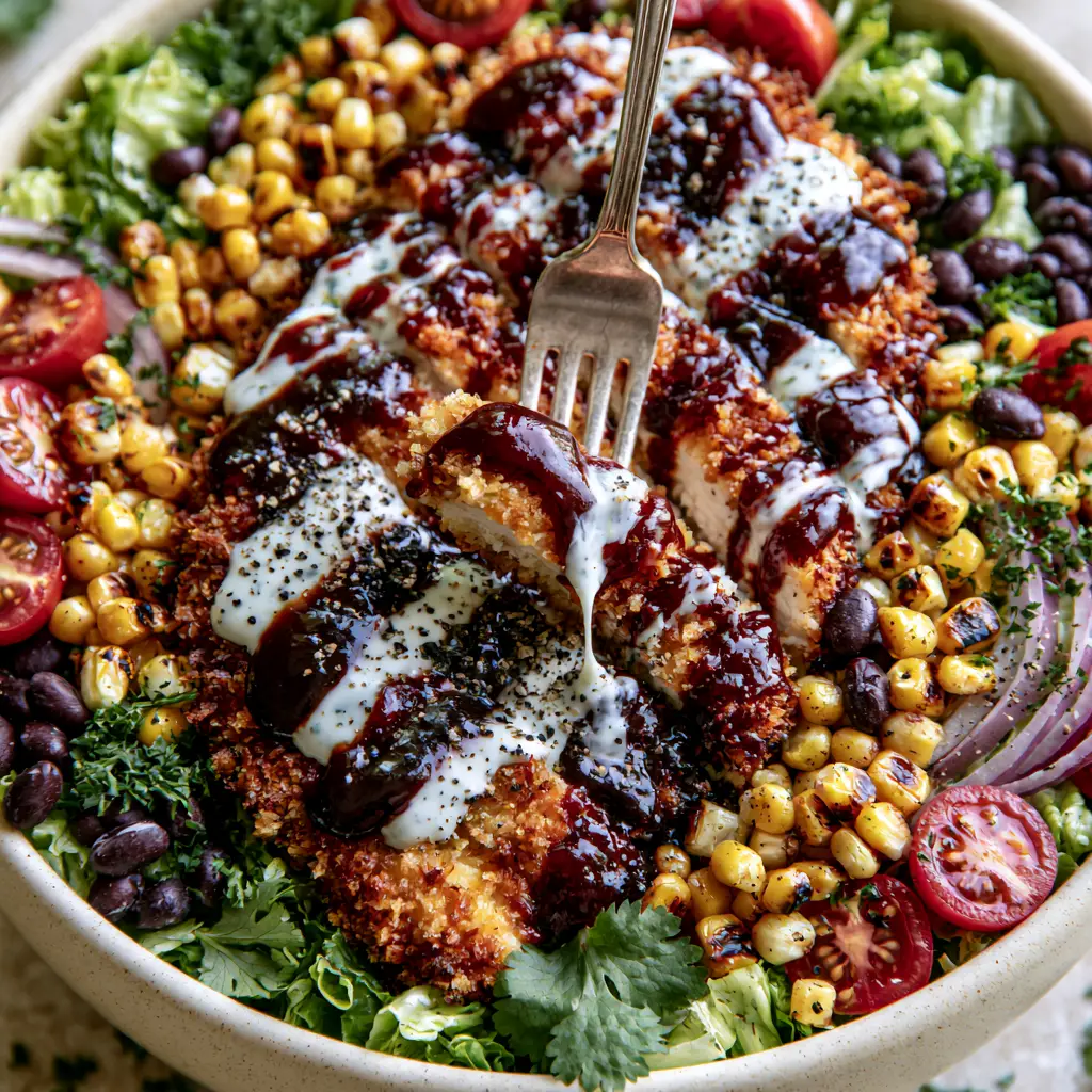 BBQ Ranch Chicken Salad with Crispy Panko Chicken and Charred Corn 2 Close up of BBQ ranch chicken salad showing the glossy BBQ sauce drizzle and crispy chicken texture.