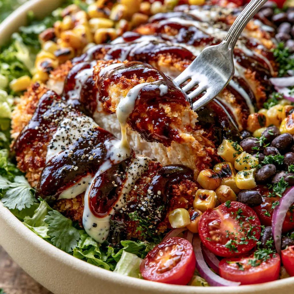 BBQ Ranch Chicken Salad with Crispy Panko Chicken and Charred Corn 1 A silver fork lifting a piece of chicken from a BBQ ranch chicken salad bowl.