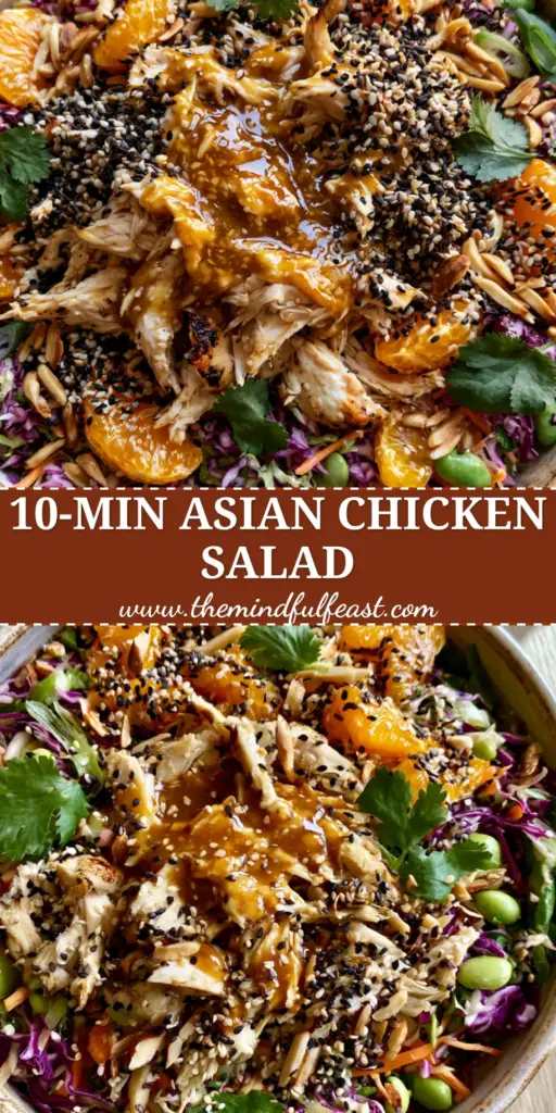 Asian Sesame Chicken Salad with a Glossy Ginger Dressing 4 A top-down view of a rustic ceramic bowl filled with Asian sesame chicken salad featuring purple cabbage, oranges, and seared chicken.