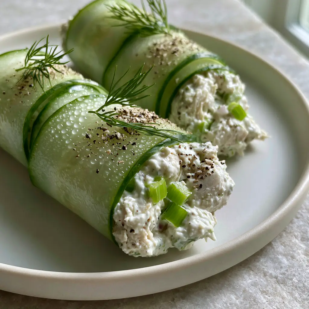 Chicken Salad Cucumber Roll Ups: The Ultimate High-Protein, Low-Carb Lunch 2 Ultra close up of three Chicken salad cucumber roll ups showing translucent ribbons and chunky chicken filling.