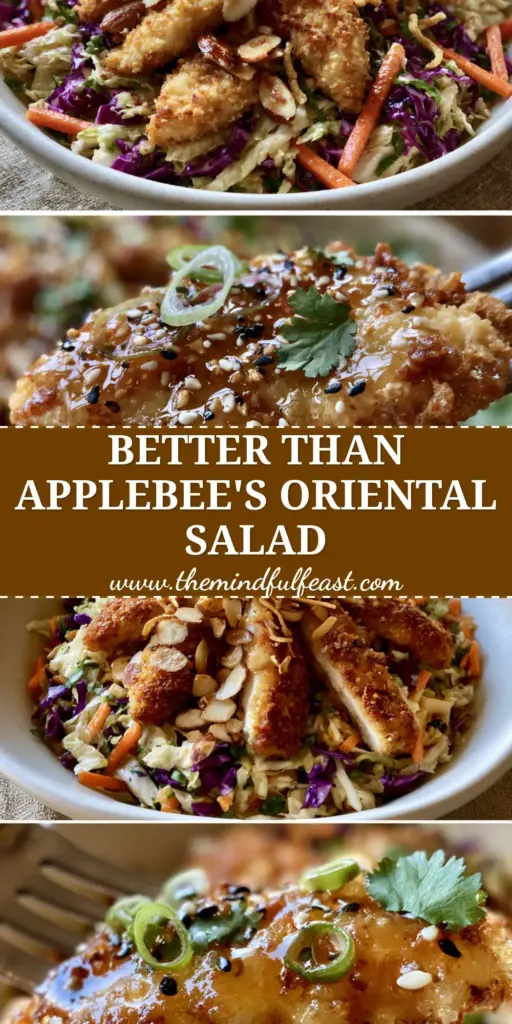 Applebee's Oriental Chicken Salad: The Ultimate Copycat Recipe for Crispy Crunches 4 A two-panel vertical shot of Applebee's Oriental Chicken Salad featuring crispy panko chicken and glistening honey-sesame dressing.