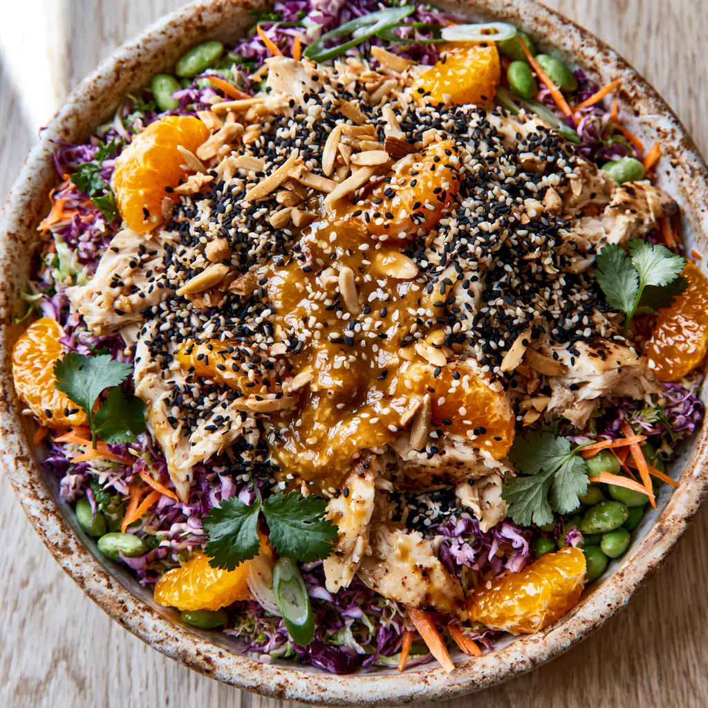 Asian Sesame Chicken Salad with a Glossy Ginger Dressing 2 Close up of shredded seared chicken and vibrant cabbage in an Asian sesame chicken salad.