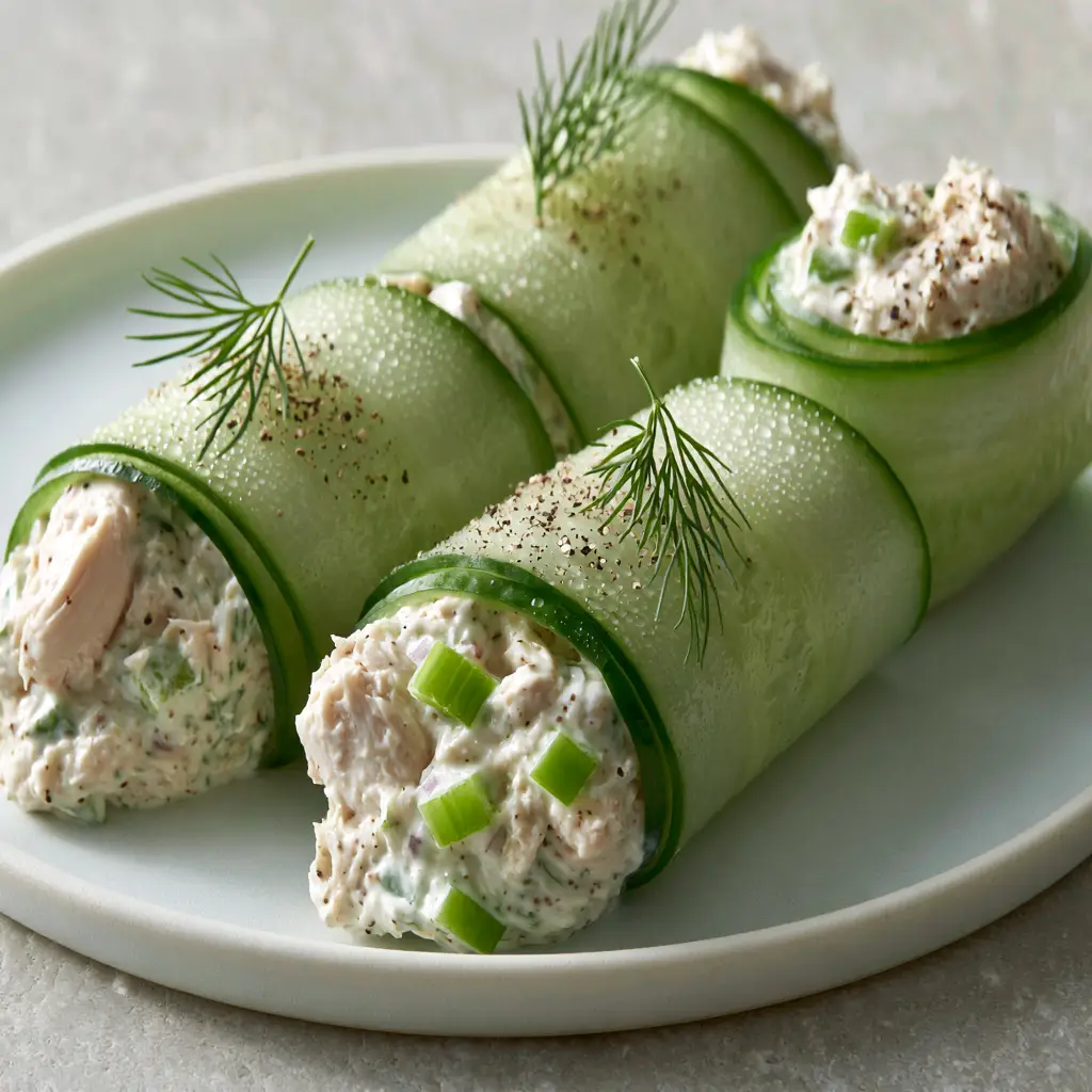 Chicken Salad Cucumber Roll Ups: The Ultimate High-Protein, Low-Carb Lunch 1 Chicken salad cucumber roll ups peppered with coarse black pepper and fresh dill on a grey countertop.