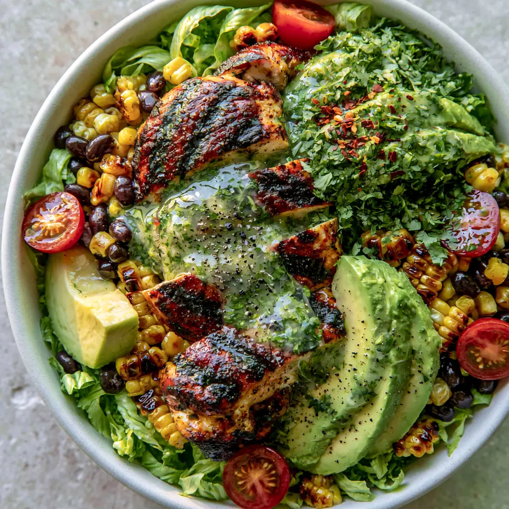 Honey Lime Chicken Avocado Salad with Charred Corn and Cilantro Vinaigrette 2 Extreme macro of seared chicken breast with deep grill marks and glistening juices in a Honey Lime Chicken Avocado Salad.