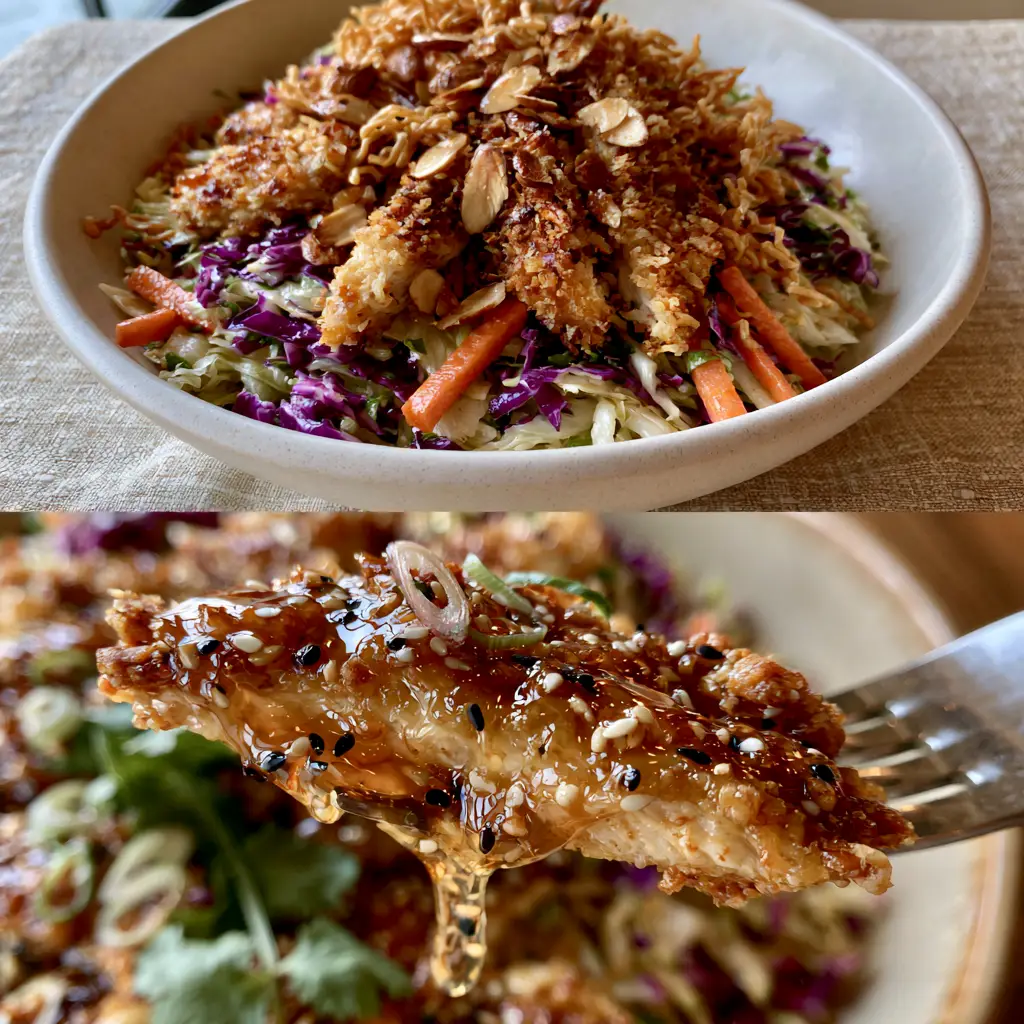 Applebee's Oriental Chicken Salad: The Ultimate Copycat Recipe for Crispy Crunches 2 Overhead shot of a gourmet Applebee's Oriental Chicken Salad in a white matte bowl with purple cabbage and panko chicken.