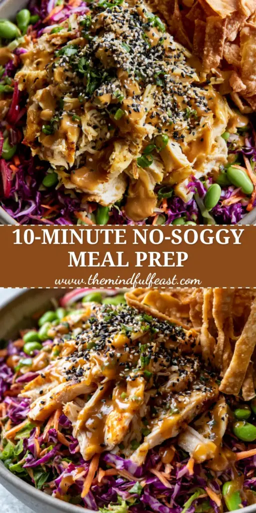 Asian Chicken Crunch Salad with Glossy Sesame Ginger Dressing 4 A high-angle close-up of a vibrant asian chicken crunch salad in a matte ceramic bowl with glossy dressing and wonton strips.