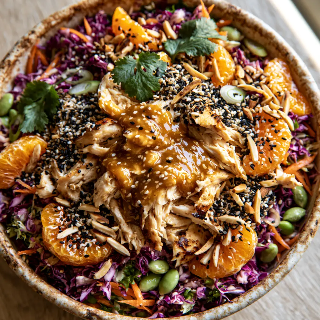 Asian Sesame Chicken Salad with a Glossy Ginger Dressing 1 A high-angle shot of Asian sesame chicken salad artfully drizzled with golden-brown dressing.