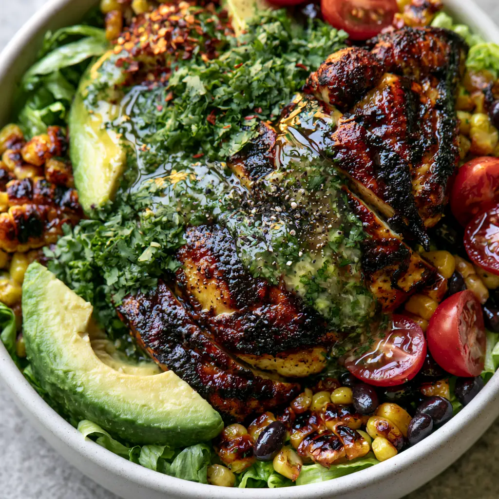 High Protein Chicken Street Corn Salad: The Ultimate Creamy Mexican-Inspired Lunch 4 A vibrant high-angle shot of a High protein chicken street corn salad in a rustic ceramic bowl with a wooden spoon lifting a creamy portion.