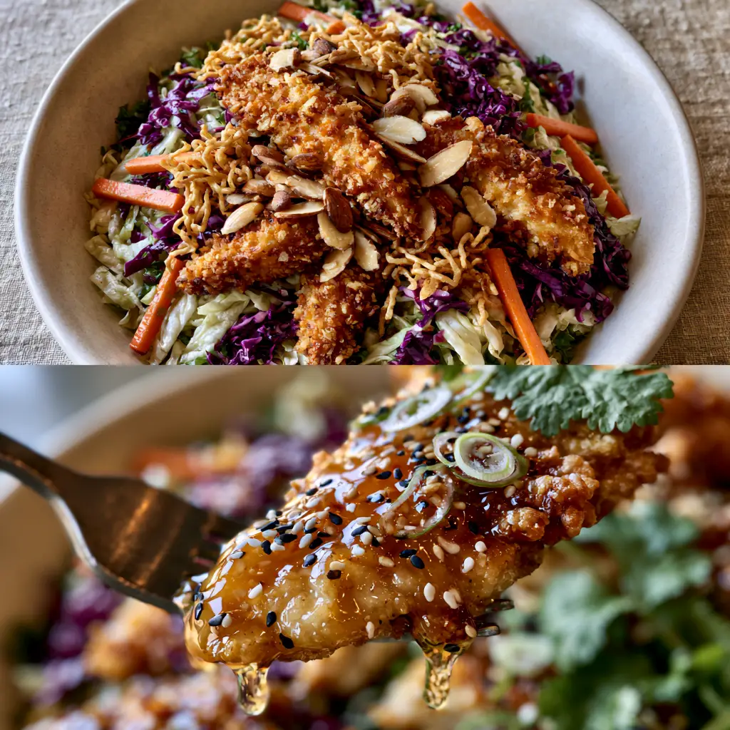 Applebee's Oriental Chicken Salad: The Ultimate Copycat Recipe for Crispy Crunches 1 Extreme macro close-up of a fork lifting crispy chicken dripping with translucent honey-sesame dressing and sesame seeds.
