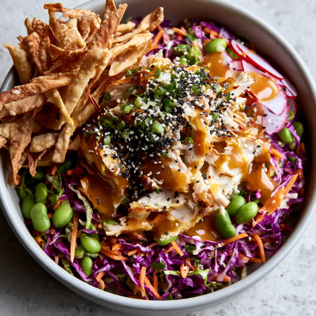 Asian Chicken Crunch Salad with Glossy Sesame Ginger Dressing 2 A close-up vertical shot showing the dense cabbage base and golden-edged roasted chicken of an asian chicken crunch salad.