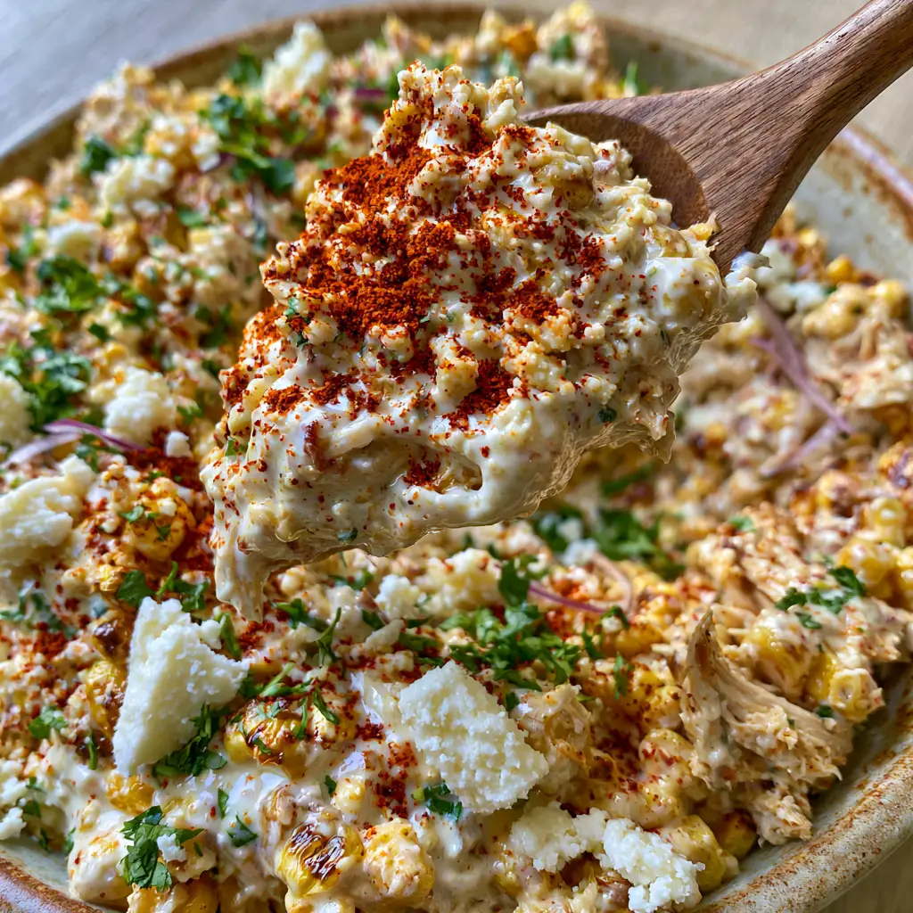 High Protein Chicken Street Corn Salad: The Ultimate Creamy Mexican-Inspired Lunch 2 Close up shot showing the textures of charred corn, shredded rotisserie chicken, and red chili powder in a High protein chicken street corn salad.