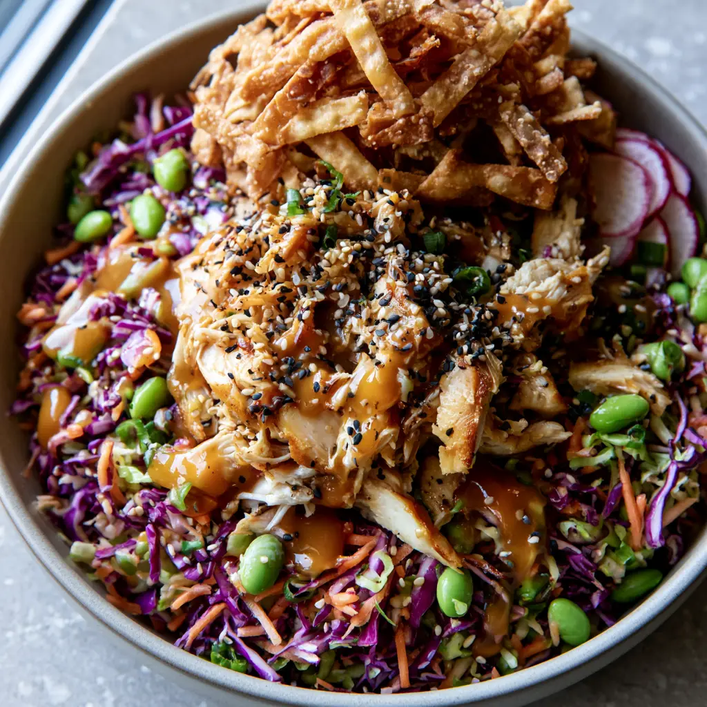 Asian Chicken Crunch Salad with Glossy Sesame Ginger Dressing 1 A side-lit shot of asian chicken crunch salad highlighting the glossy amber sesame ginger dressing and crispy wontons.